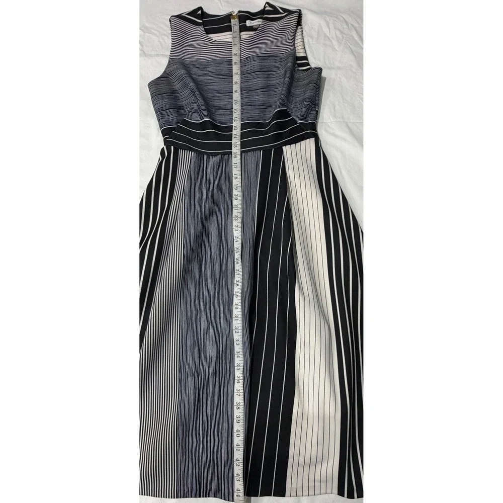 Calvin Klein Womens Black White Striped Fit Flare‎ Dress Moon Zipper Size 10